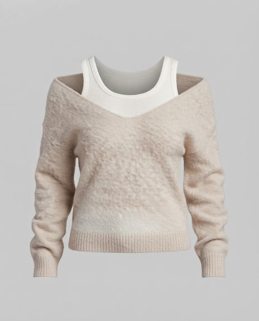 Damen Oversize Strickpullover mit Ein‑Schulter‑Layering und flauschiger Mohairoptik Echo Archiv