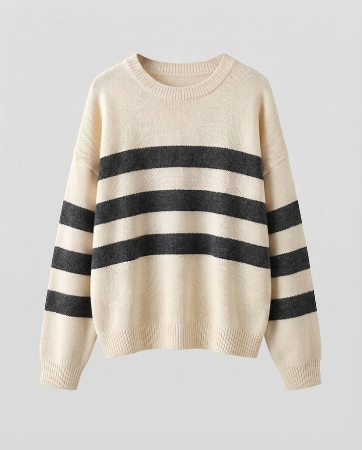 Damen Gestreifter Feinstrickpullover mit Rundhals, überschnittener Schulter und lockerer Silhouette Echoarchiv