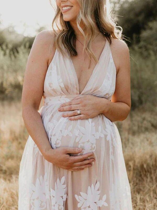 Echoarchiv-Fashion Fotoshooting-Kleider, Bohemian-Stil, Babyparty, Spitze, Tüll, V-Ausschnitt, Umstandsmode, Weiß, Maxi