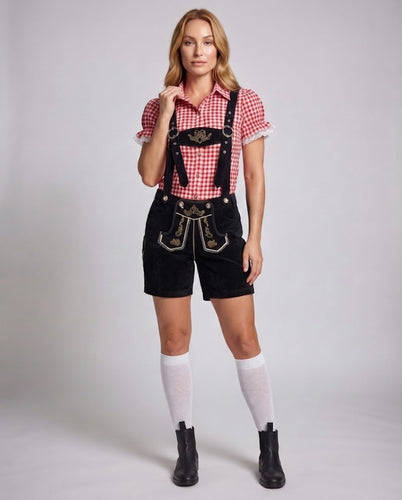 Damen Kurzarm Bluse mit Karomuster und Spitzenakzenten – Élovi