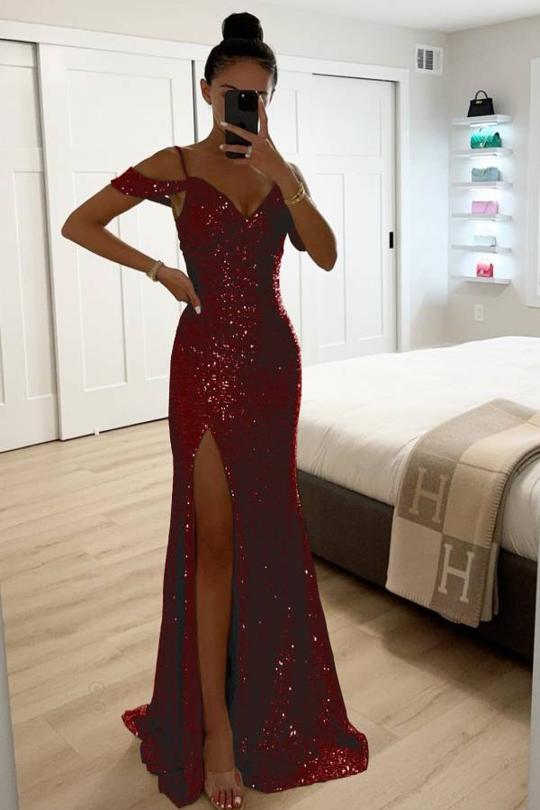 Echoarchiv | Paillettenspitze Meerjungfrau Abschlussballkleider mit Schlitz Off-Shoulder Abendkleid