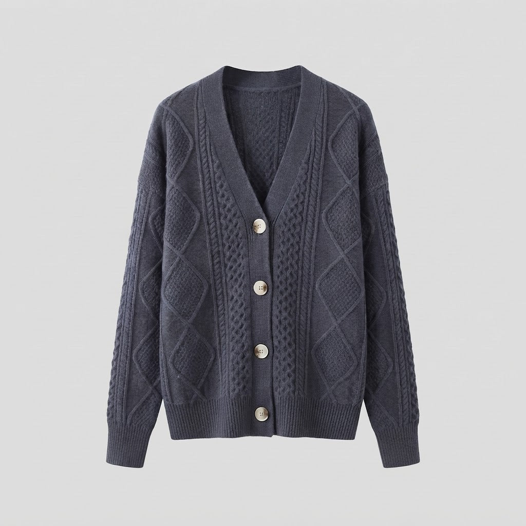 Damen Feiner Wollmix-Cardigan mit Zopfmuster, V‑Ausschnitt und Perlmuttknöpfen Echoarchiv