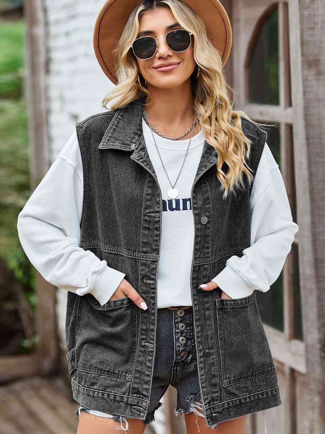 Knopf-Front Ärmellose Jeansjacke – Célinea