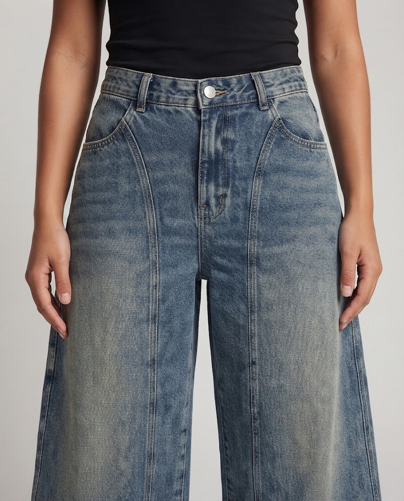 Damen Ultraweite Baggy-Denimhose mit hohem Bund und bodenlangem Saum Echo Archiv