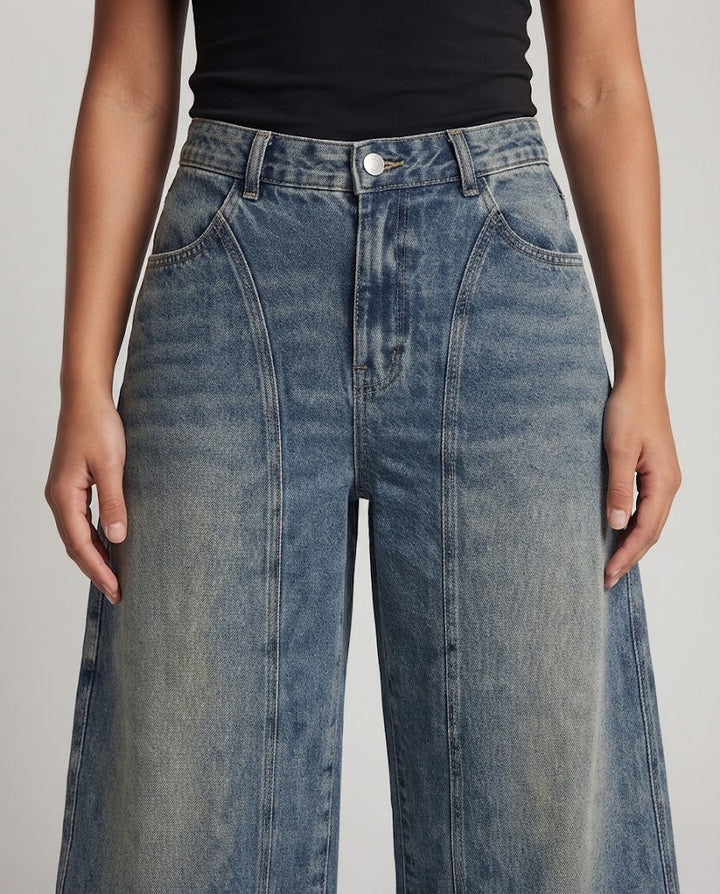 Damen Ultraweite Baggy-Denimhose mit hohem Bund und bodenlangem Saum Echo Archiv
