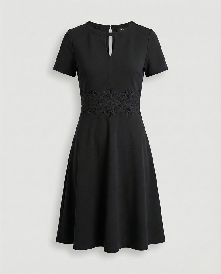Blaues Kleid mit Kontrastierender Spitze und Akzentuierter Taille