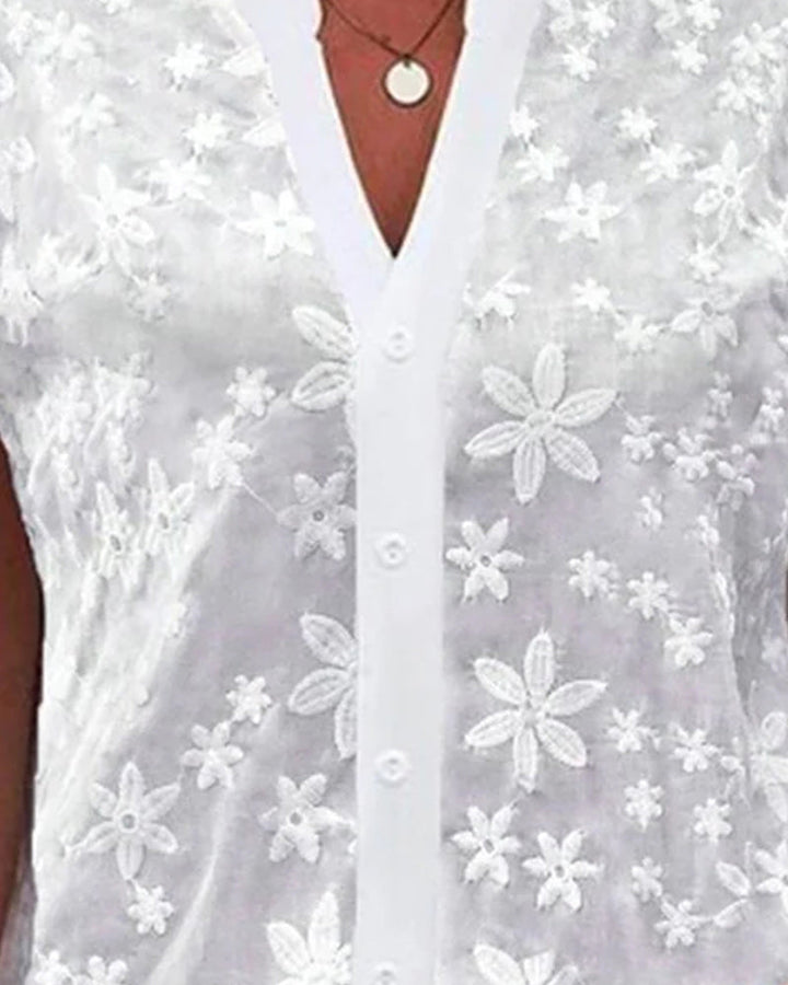 Echoarchiv | Kurzärmlige Blumenbluse mit V-Ausschnitt