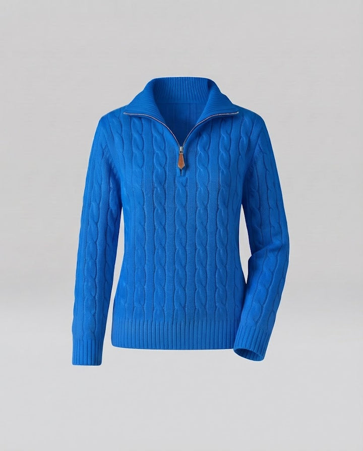 Damen Kabelstrick-Pullover mit halbem Reißverschluss und Stehkragen Echoarchiv