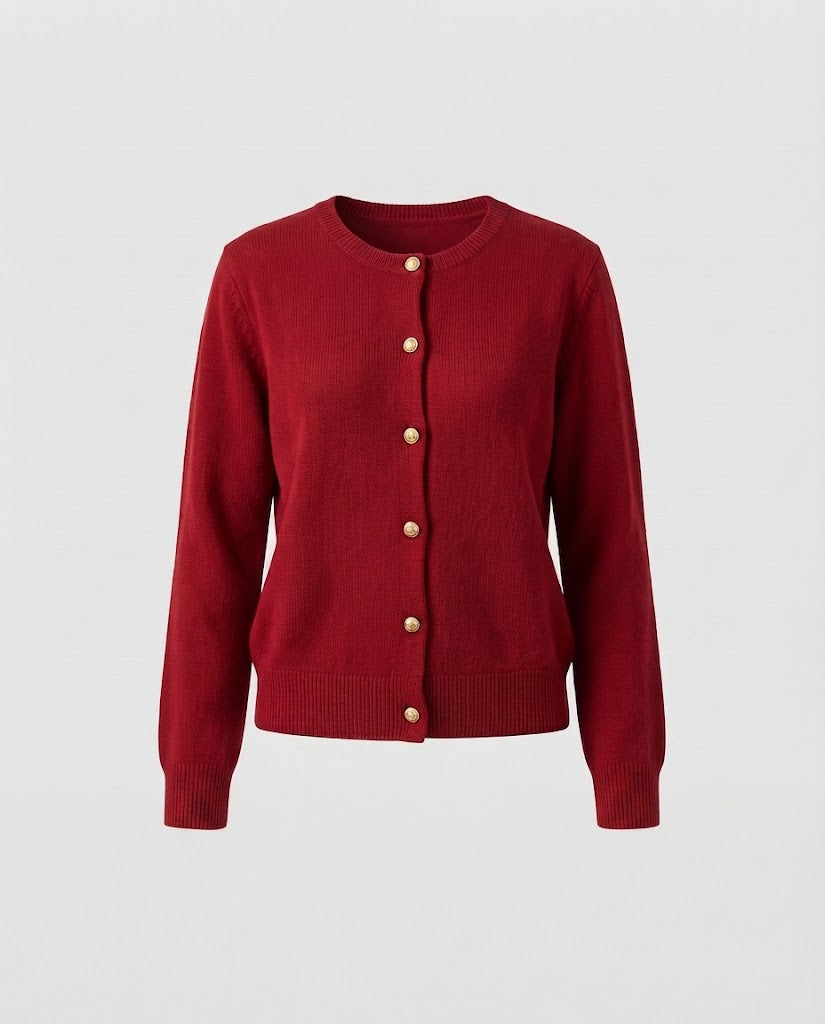 Damen Boxy-Knopfcardigan aus feinem Strick mit goldschimmernden Schmuckknöpfen und gerippten Abschlüssen Echoarchiv