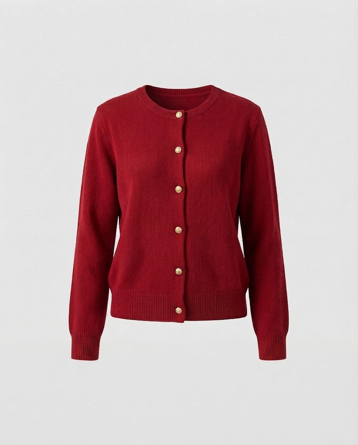 Damen Boxy-Knopfcardigan aus feinem Strick mit goldschimmernden Schmuckknöpfen und gerippten Abschlüssen Echoarchiv