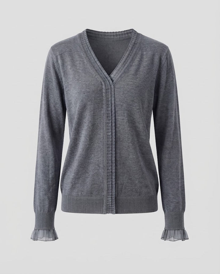 Damen Feiner V‑Ausschnitt-Feinstrickpullover mit plisseeverzierten Kanten und fließender Silhouette Echoarchiv