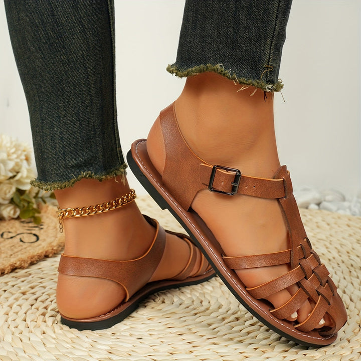 Echoarchiv | Gewebte Flache Sandalen für Damen Vintage Stil, Geschlossener Zeh, Schnallenverschluss