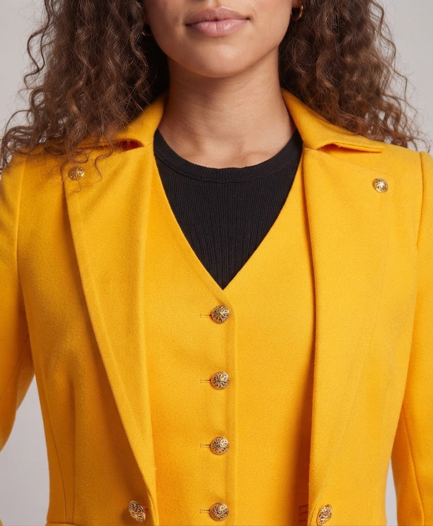 Damen elegante Frackjacke mit asymmetrischem Saum und goldenen Akzenten Echo Archiv