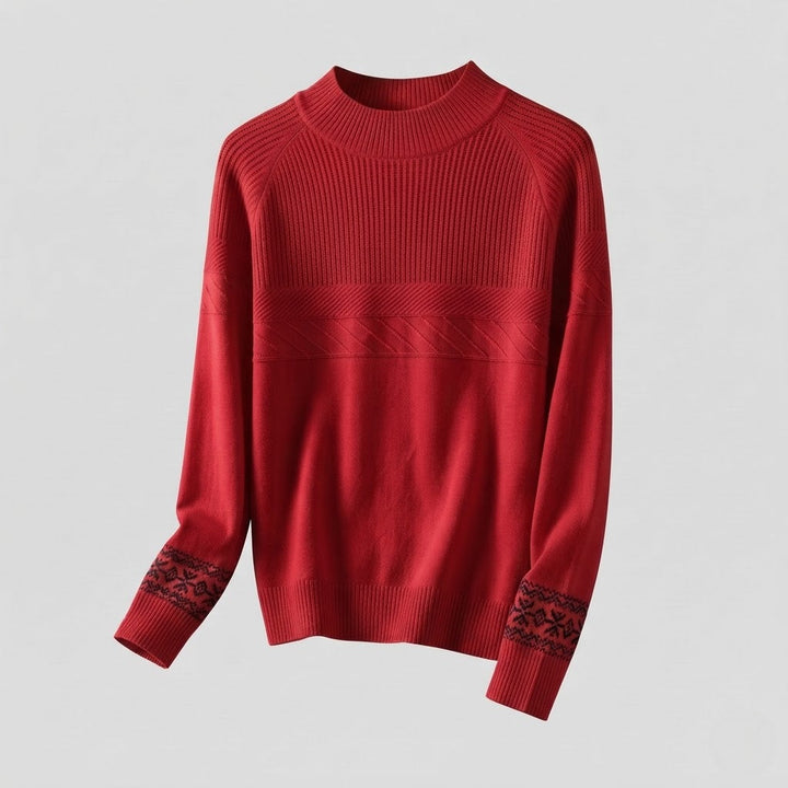 Damen Feinstrick-Pullover mit kurzem Stehkragen, strukturierter Passe und Norweger-Motiv am Ärmelsaum Echoarchiv