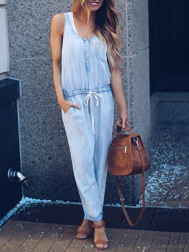 Echoarchiv | Slim Ärmellos Taille Denim Jumpsuit