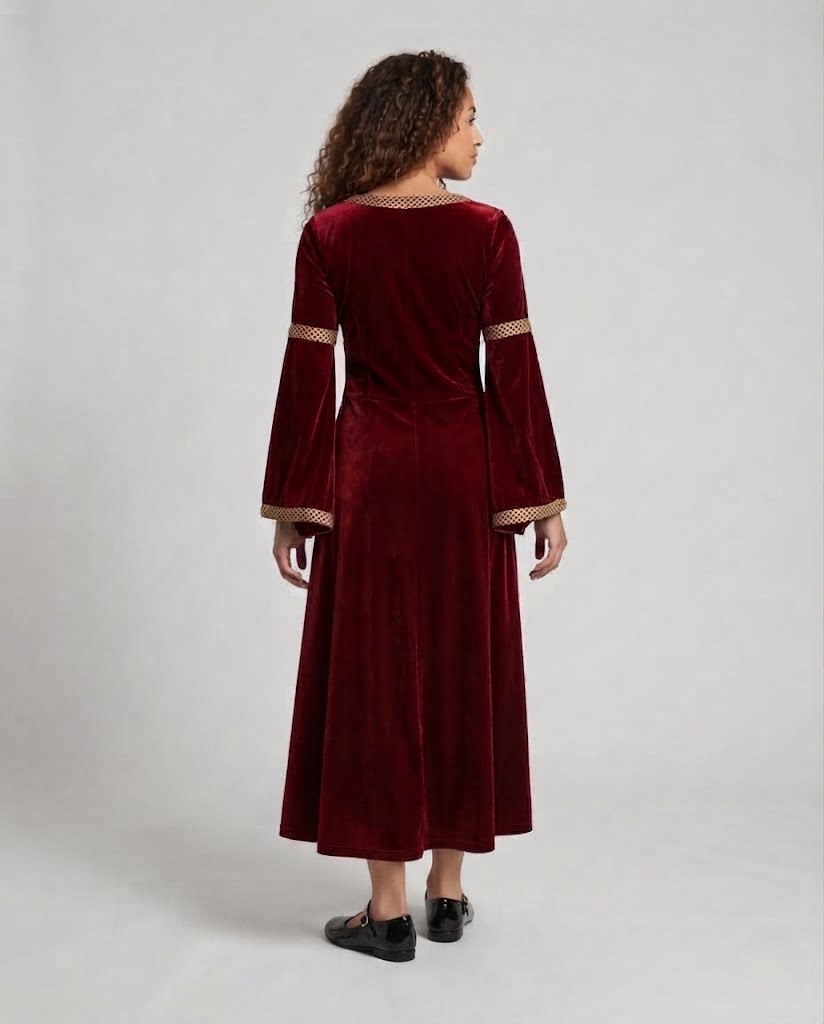 Frauen Historisches Samtkleid mit Ausgestellten Ärmeln und Dekorativem Kragen Echo Archiv