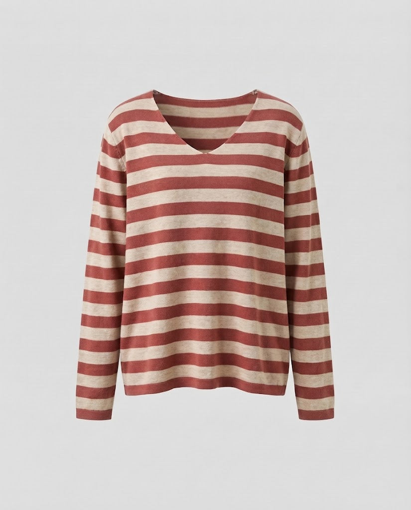 Damen Gestreifter Feinstrickpullover mit V‑Ausschnitt und lässiger Oversize‑Passform Echoarchiv