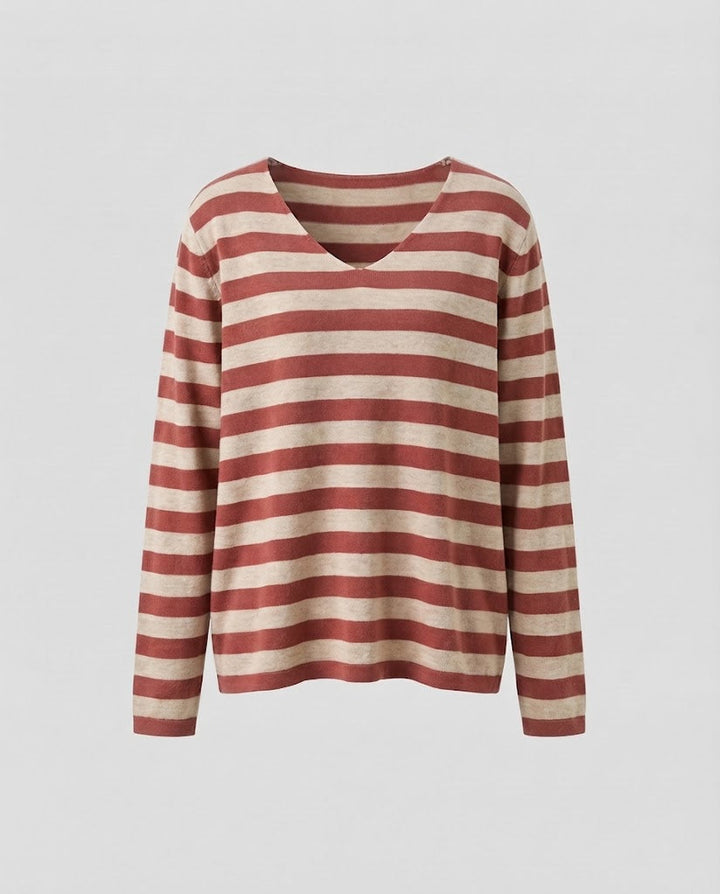 Damen Gestreifter Feinstrickpullover mit V‑Ausschnitt und lässiger Oversize‑Passform Echoarchiv