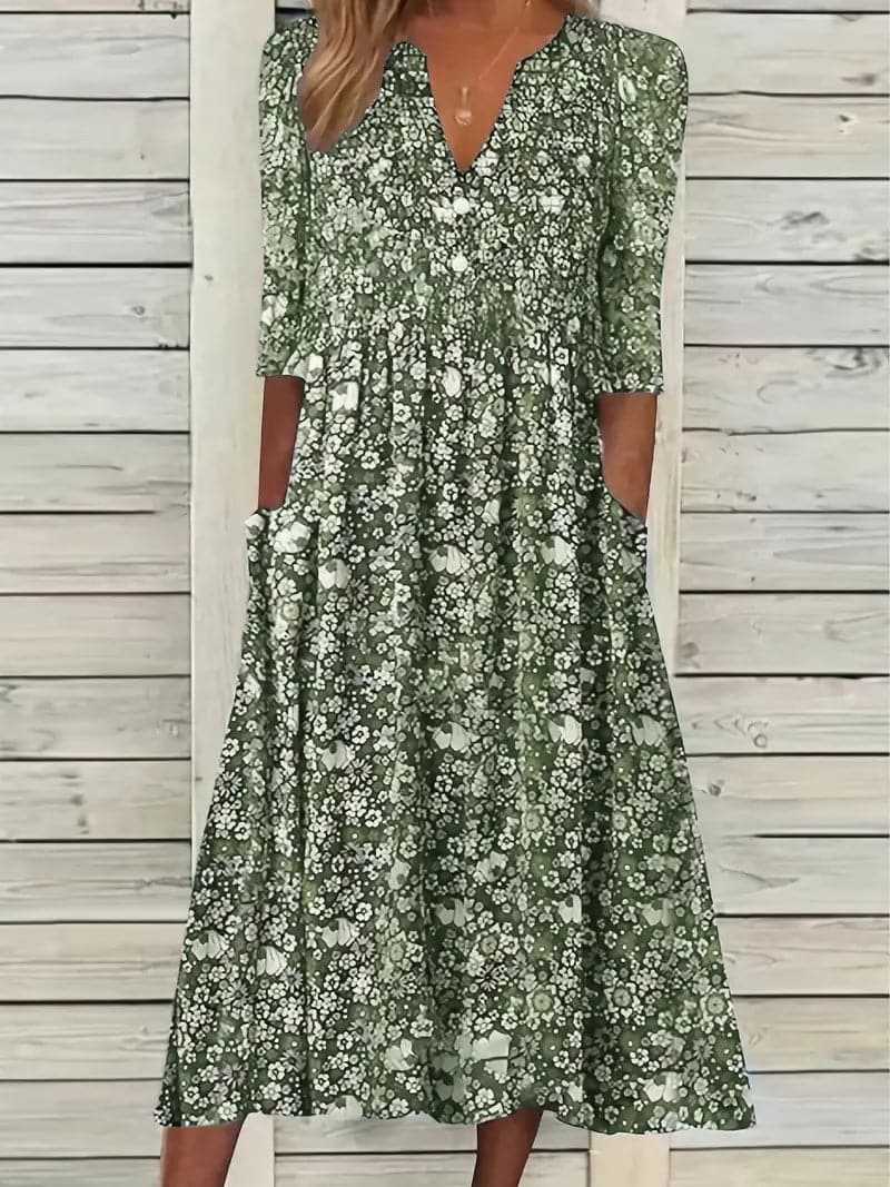 Echoarchiv | Midikleid A-Linie Passform V-Ausschnitt 3/4 Ärmel Blumenmuster