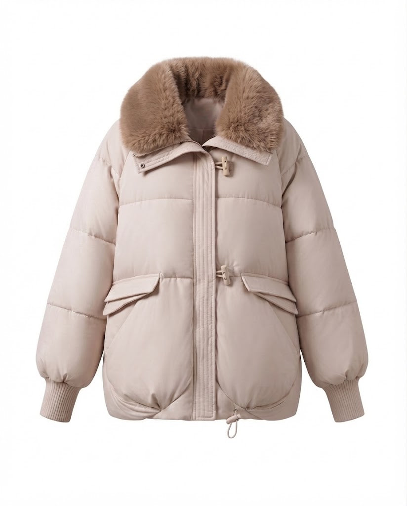 Damen moderne oversized Pufferjacke mit voluminösem Teddy-Kragen, verdecktem Zwei-Wege-Reißverschluss und verstellbarem Saum