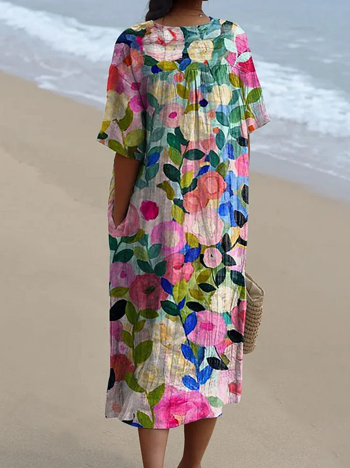 Fließendes Damenkleid mit farbenfrohem Frühlingsblumendruck