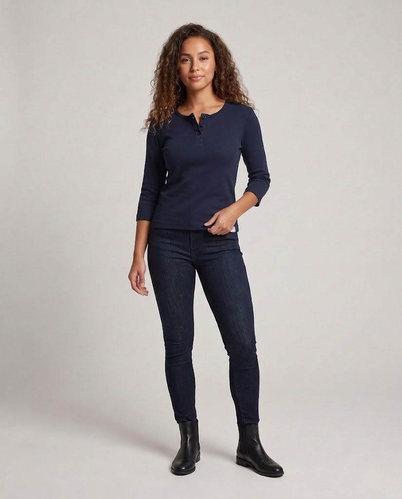 Damen Geripptes Henley-Cropped-Shirt mit Dreiviertelärmeln Echo Archiv