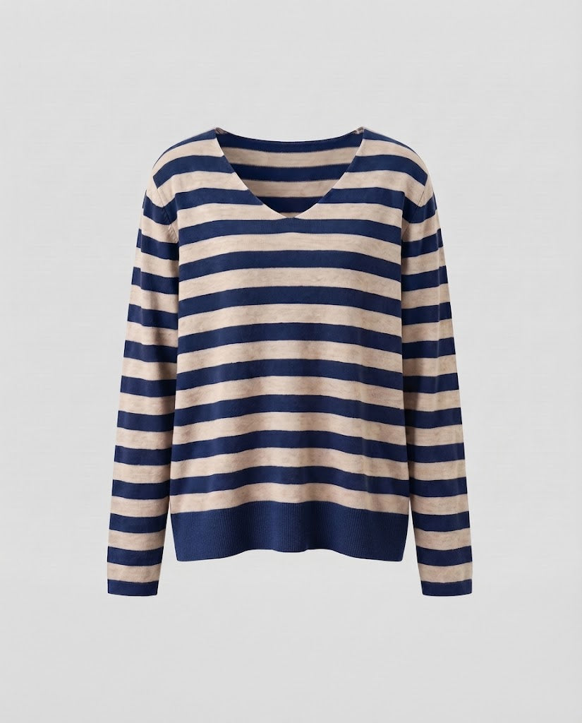 Damen Gestreifter Feinstrickpullover mit V‑Ausschnitt und lässiger Oversize‑Passform Echoarchiv