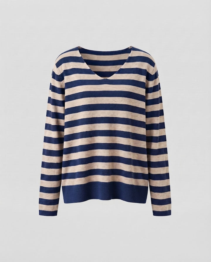 Damen Gestreifter Feinstrickpullover mit V‑Ausschnitt und lässiger Oversize‑Passform Echoarchiv