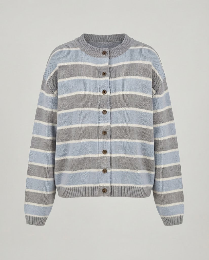 Damen Kurze Feinstrick-Cardigan mit Horizontalstreifen und Knopfleiste Echo Archiv