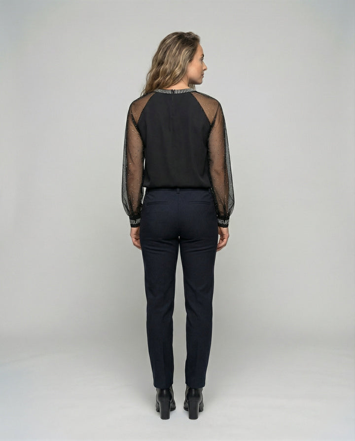 Echoarchiv Damen Mesh-Bluse mit Strassbesatz und transparenten Ärmeln