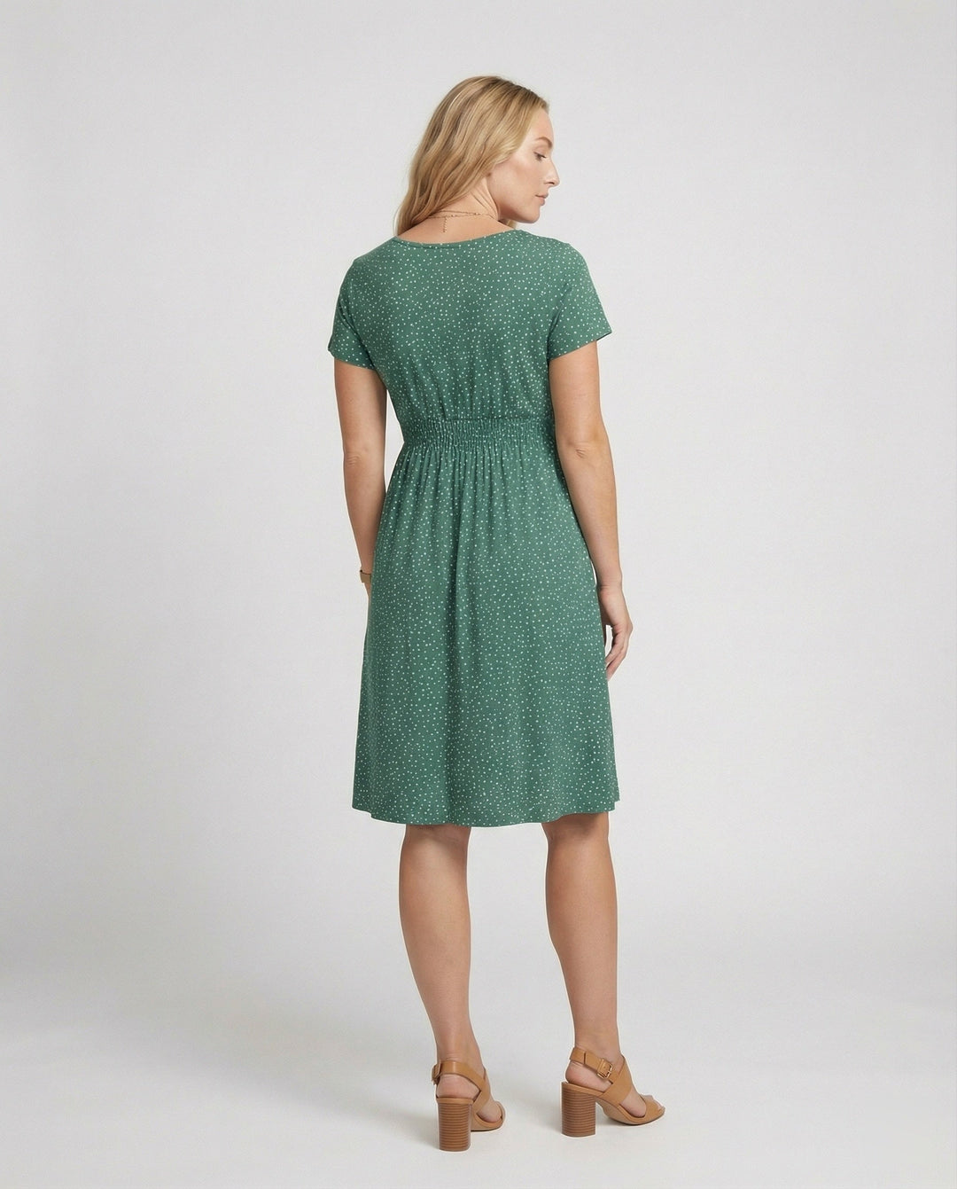 Damen Elegantes Grünes Midikleid mit Punktmuster & Kurzen Ärmeln | Echoarchiv