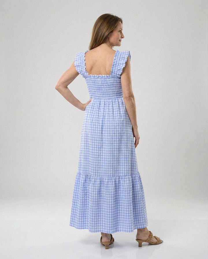 Damen Vichy Maxikleid mit Smokoberteil