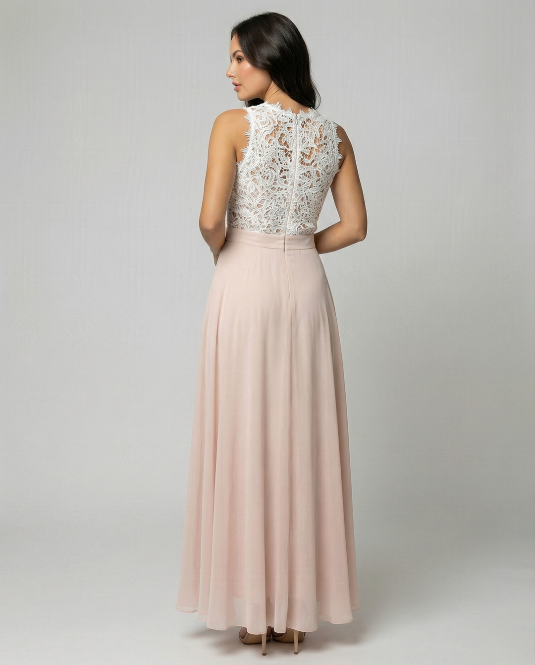 Echoarchiv | Ärmelloses Kleid Elegante Spitzen Oberseite Fließender Langer Rock Festliche Kleidung