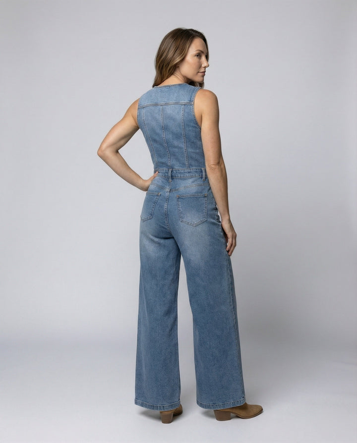 Damen Jumpsuit mit weit geschnittenen Beinen und eleganter Knopfleiste Echoarchiv