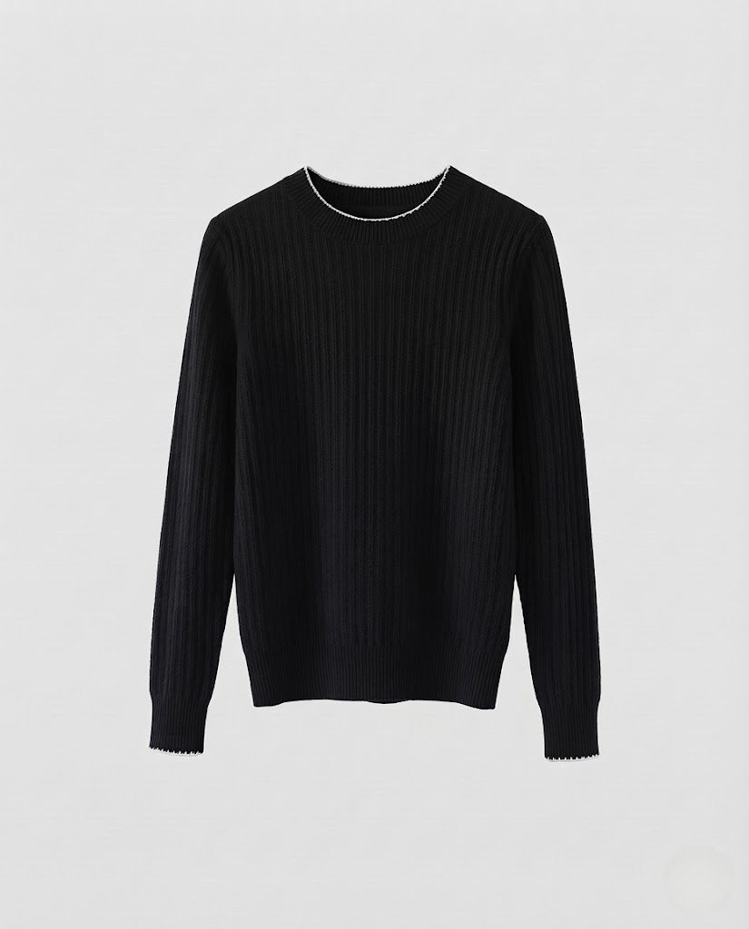 Damen Feiner Rippenstrick-Pullover mit kontrastierter Kantenverzierung und legerer Silhouette Echoarchiv
