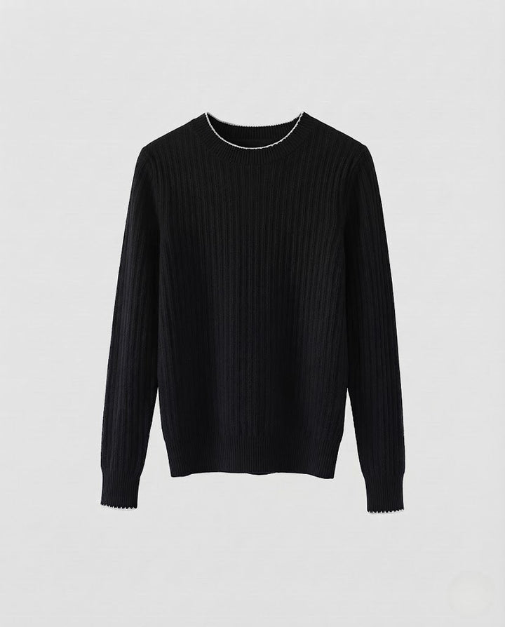 Damen Feiner Rippenstrick-Pullover mit kontrastierter Kantenverzierung und legerer Silhouette Echoarchiv