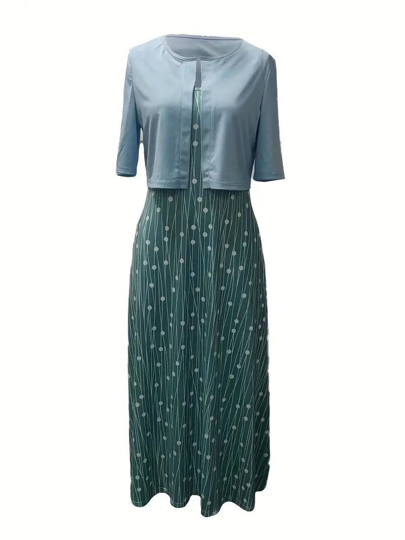 Echoarchiv – elegantes zweiteiliges blumenkleid-set mit einfarbigem crop-top und kleid mit rundhalsausschnitt