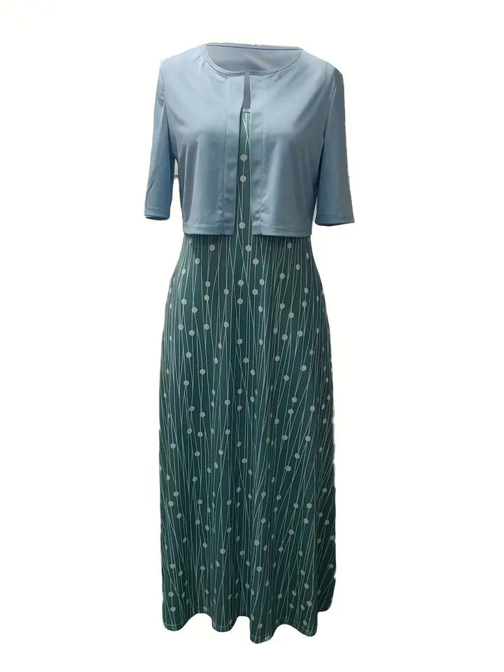 Echoarchiv – elegantes zweiteiliges blumenkleid-set mit einfarbigem crop-top und kleid mit rundhalsausschnitt