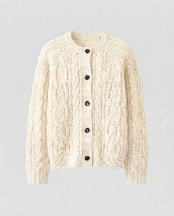 Damen Boxy-Zopfstrick-Cardigan mit Raglanärmeln und angoraähnlicher Haptik Echoarchiv