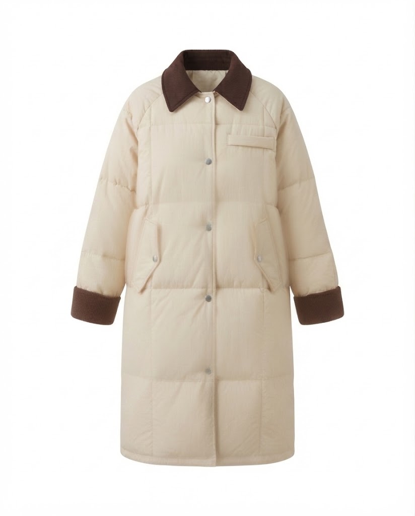 Damen langer gesteppter thermomantel mit kontrastierendem Kordelkragen, verdecktem Druckknopfverschluss und oversized Schnitt