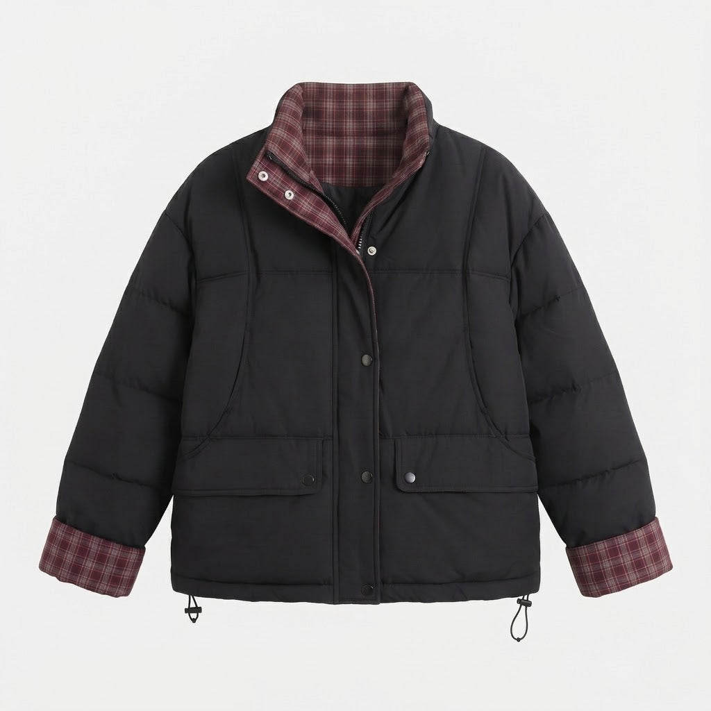 Damen kurze gepolsterte Boxy-Blouson mit kariertem Futter, hohem Kragen und aufgesetzten Klappentaschen