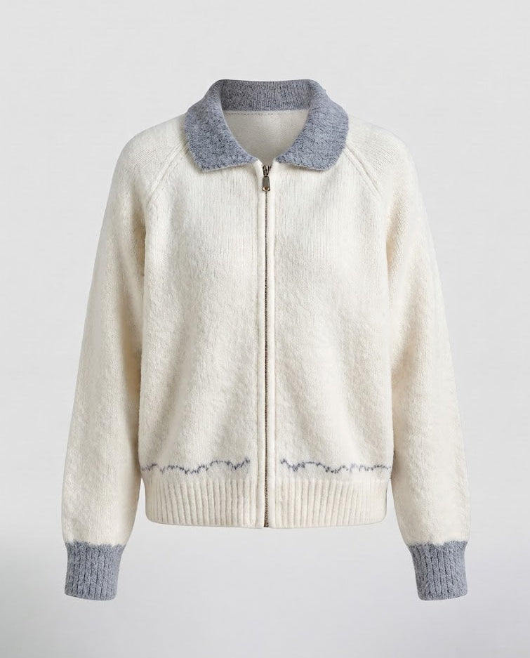 Damen Kurz geschnittene Teddy-Strickjacke mit Reißverschluss, Kontrastkragen und gerippten Bündchen Echo Archiv