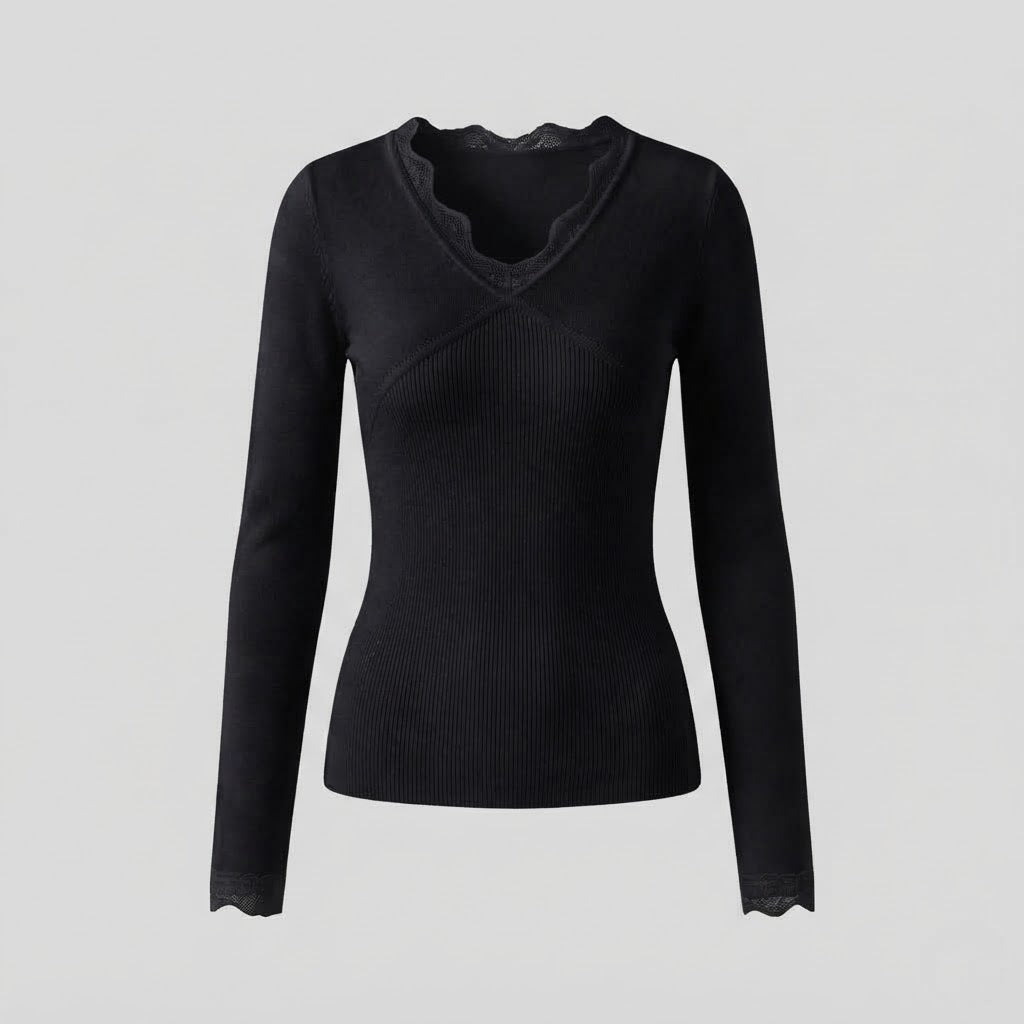 Damen figurbetont feiner Strickpullover mit Spitzen-V-Ausschnitt und langen Ärmeln Echoarchiv