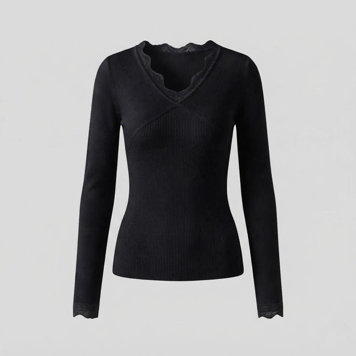 Damen figurbetont feiner Strickpullover mit Spitzen-V-Ausschnitt und langen Ärmeln Echoarchiv