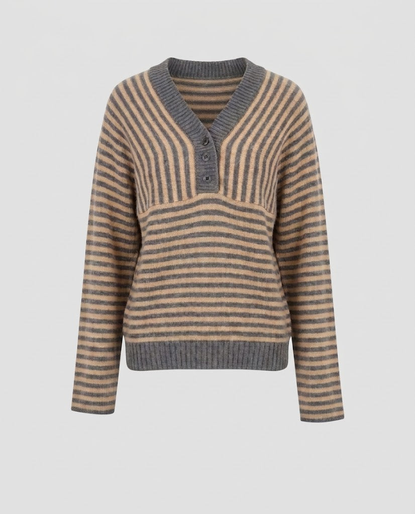 Damen Gestreifter Feinstrickpullover mit V-Ausschnitt, Knopfleiste und Cropped‑Silhouette Echo Archiv