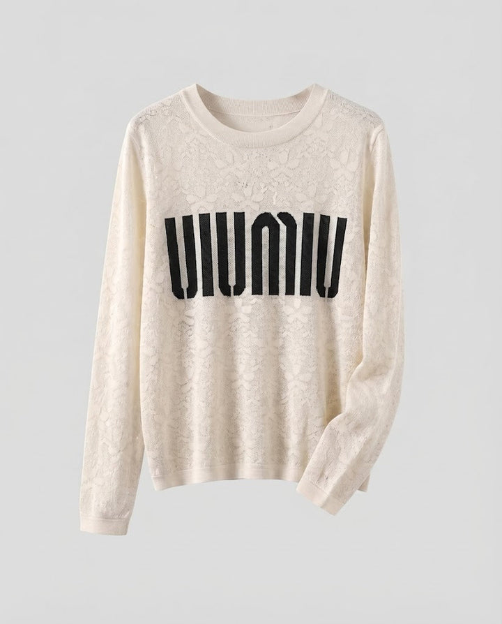 Damen Feinstrick-Pullover mit Rundhalsausschnitt, Jacquardstruktur und Logo-Front Echoarchiv