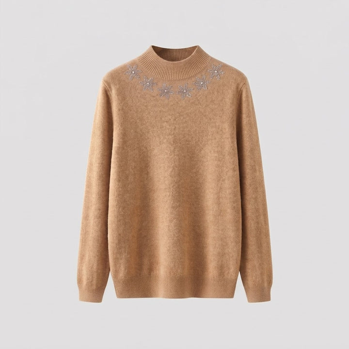 Damen Feinstrick-Mockneckpullover mit funkelnder Blüten-Strassapplikation Echoarchiv