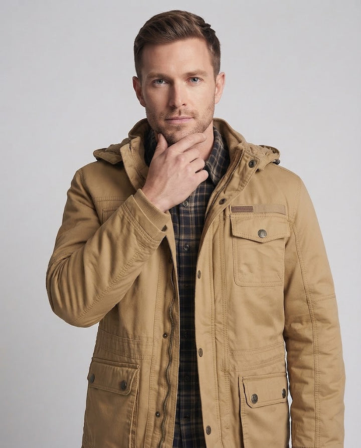 Herren warmer Canvas-Parka mit Teddyfutter Kapuze und Mehrfachtaschen Echoarchiv