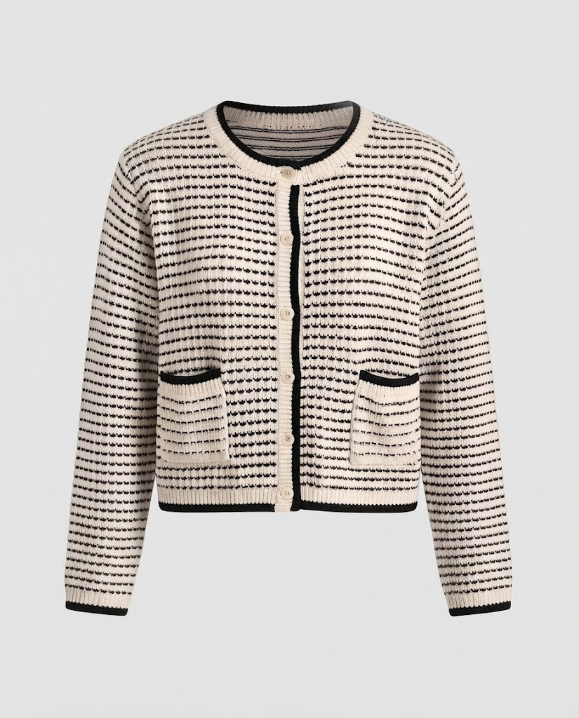 Damen Kurzgeschnittene Strickjacke mit Kontrastbündchen und aufgesetzten Taschen Echo Archiv