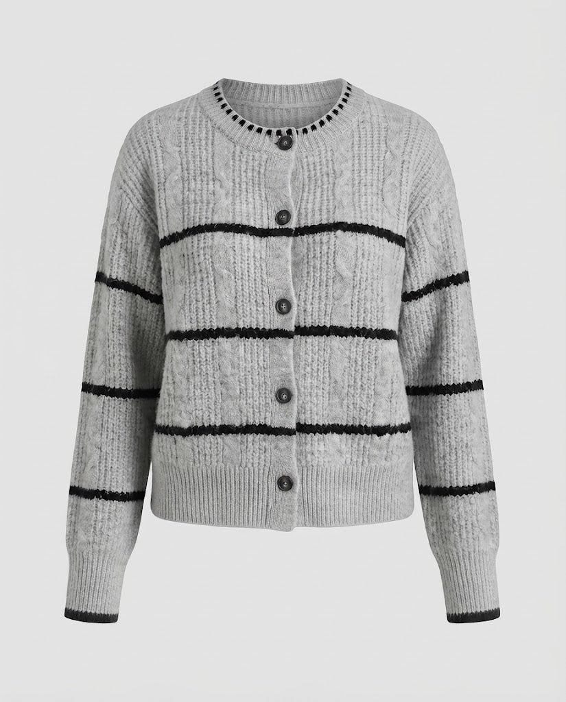Damen Grobgestrickte Knopf-Cardigan mit Streifenstruktur und Rundhalsausschnitt Echo Archiv